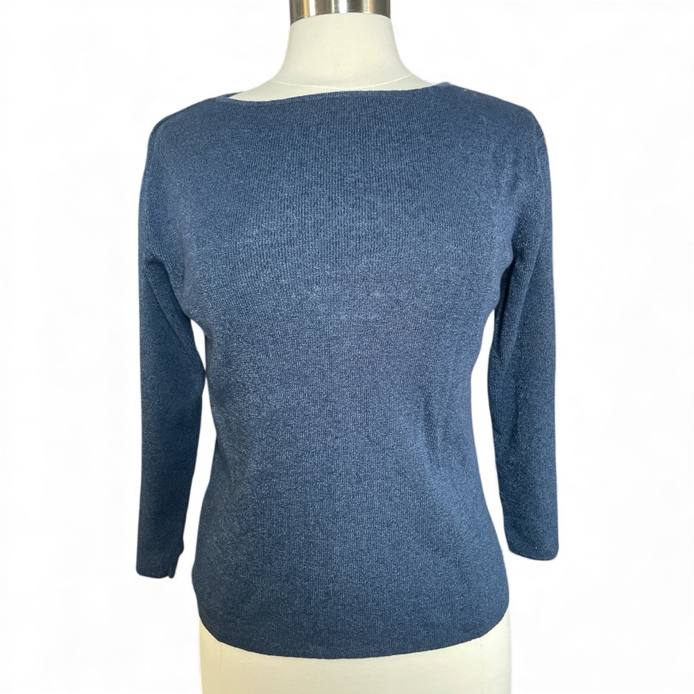 Vintage Chicos Linen Cotton Blend Sweater Size M Blue Knit Minimalist Classic